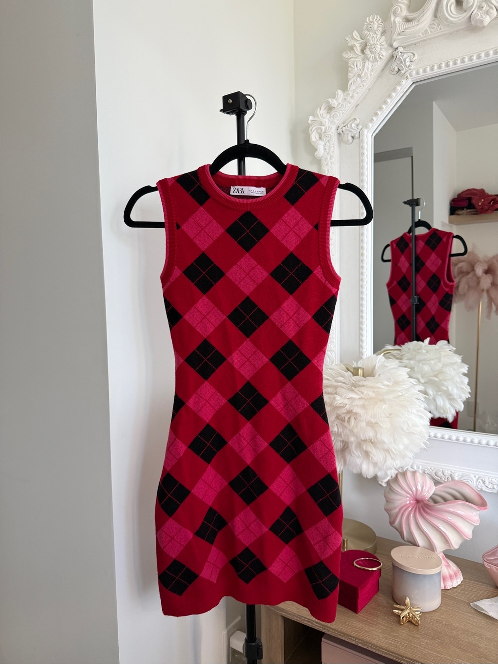 Zara Pink Red Argyle Knit Mini Dress
